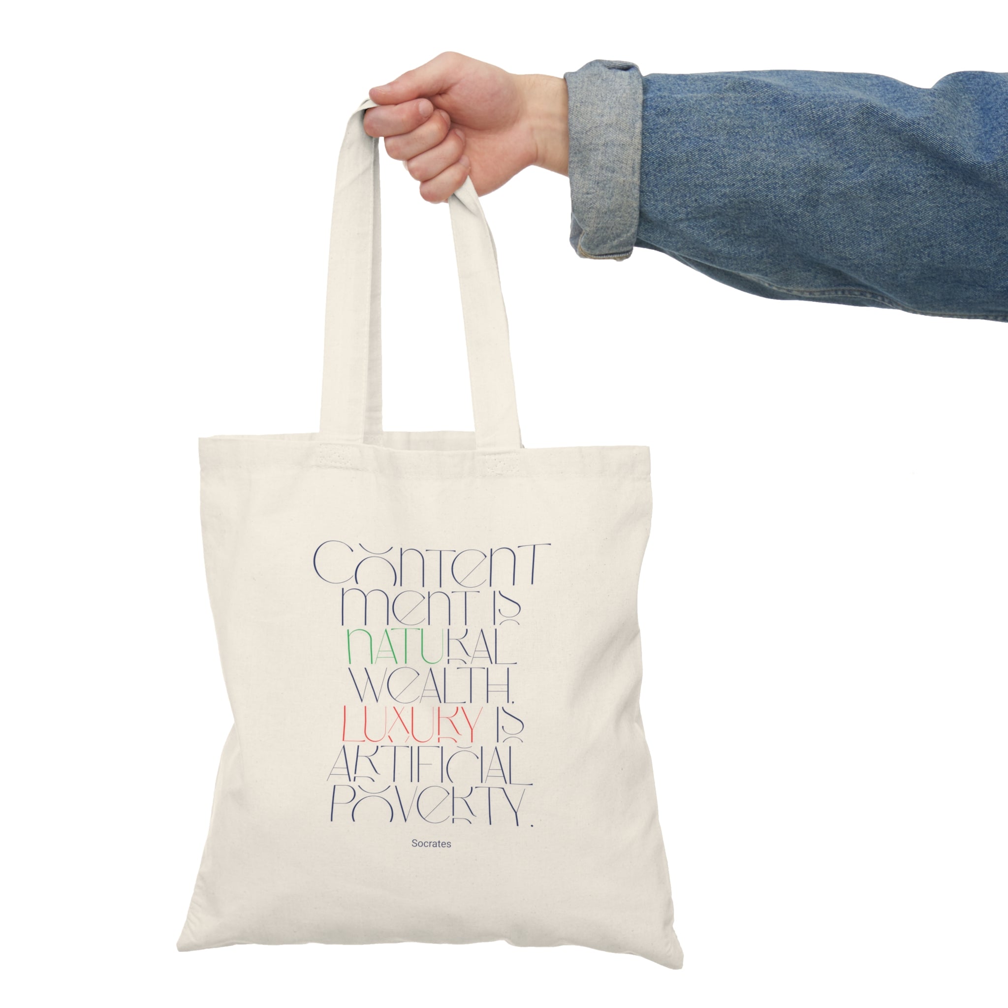 Contentment is natural wealth, luxury is artificial poverty. (Socrates) || Eco-Friendly Tote Bag with Inspirational Quote - Perfect for Shopping, Beach, Travel, and Gift Giving