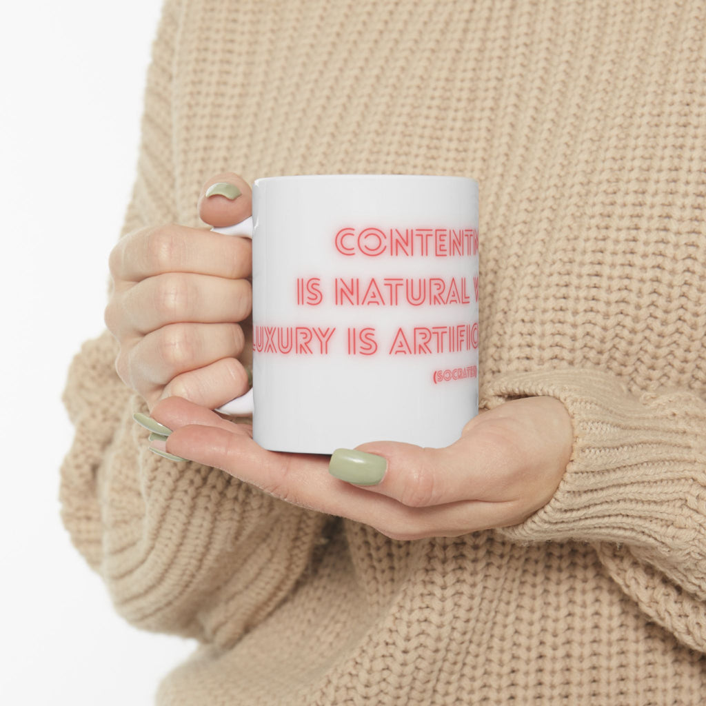 Inspirational Ceramic Mug - Socrates Quote on Contentment, Gift for Philosophy Lovers, Motivational Coffee Cup, 11oz & 15oz Options