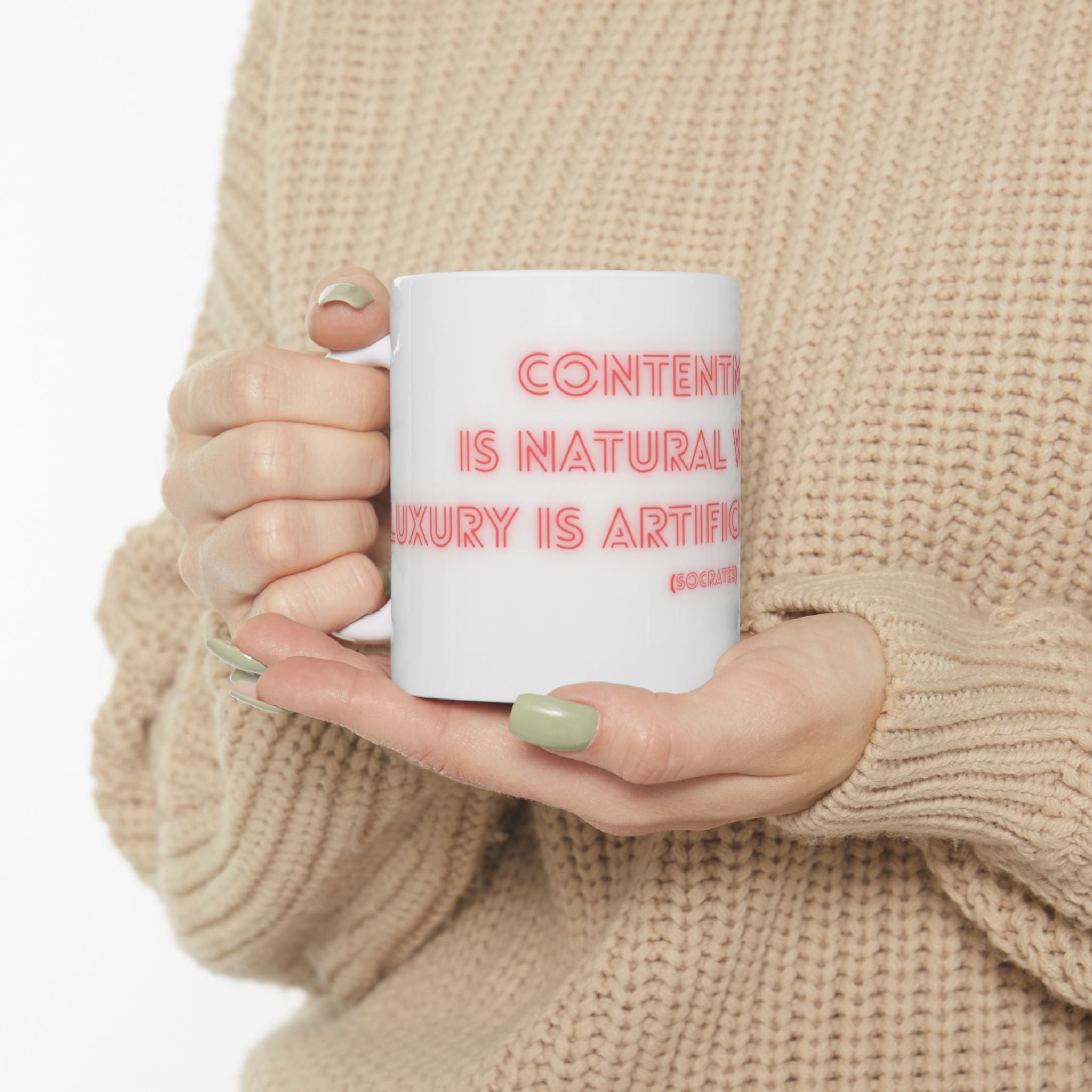 Inspirational Ceramic Mug - Socrates Quote on Contentment, Gift for Philosophy Lovers, Motivational Coffee Cup, 11oz & 15oz Options