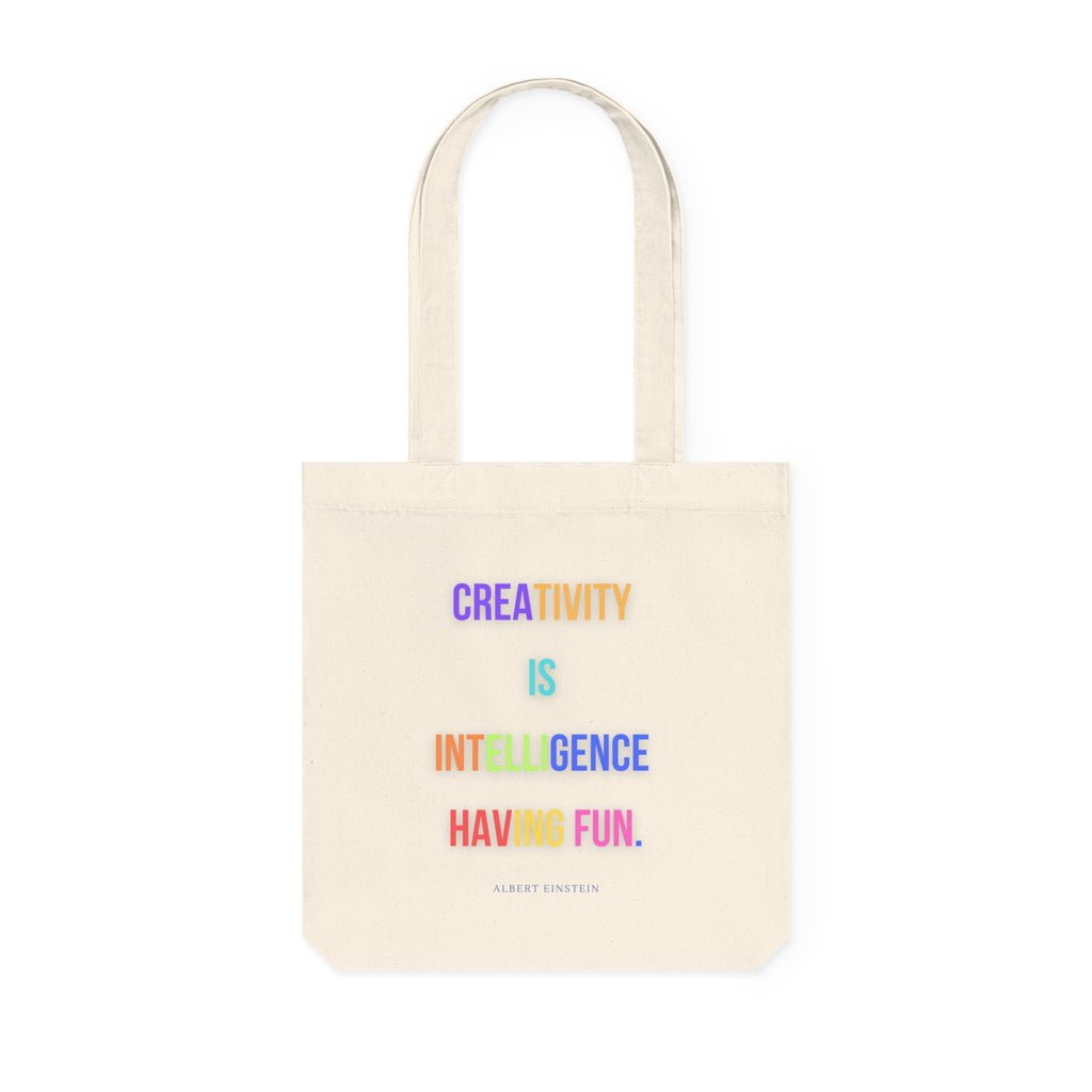 Creativity is intelligence having fun. || Colorful Inspirational Woven Tote Bag - Motivational Quote, Reusable Grocery Bag, Gift for Art Lovers, Everyday Carry, Eco-Friendly Tote