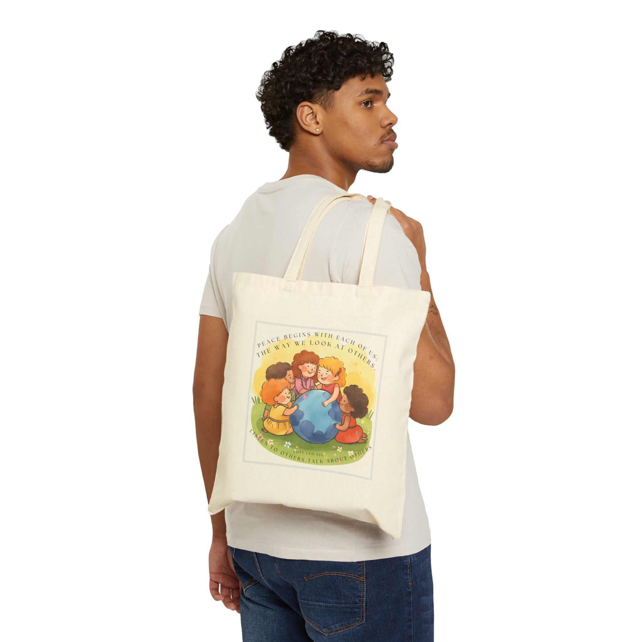 Peace begins with each of us: the way we look at others, listen to others, talk about others. || Earth Day Kids Cotton Canvas Tote Bag, Eco-Friendly Shopping Bag, Children's Gift, Reusable Tote, Green Living, Earth Love