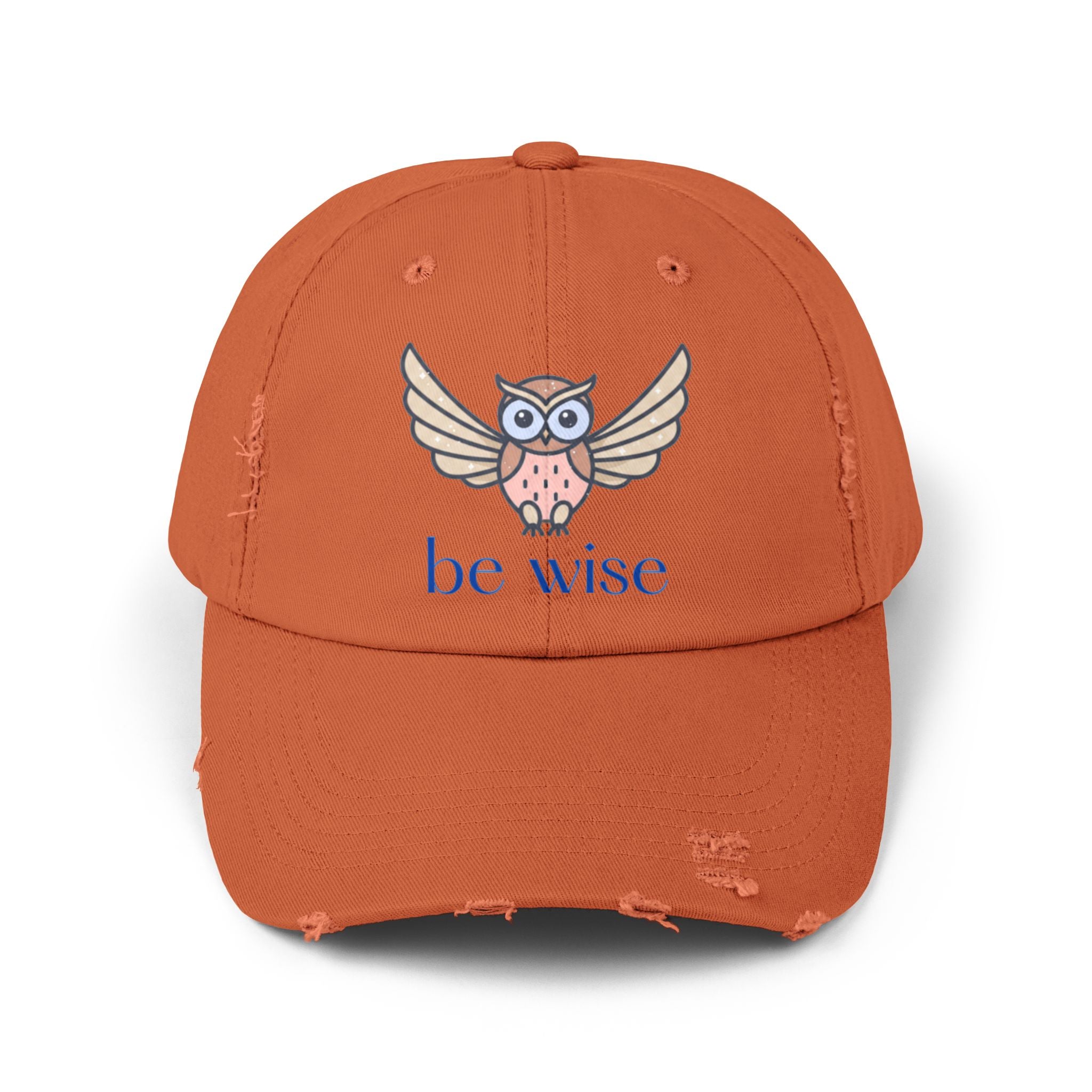 Be Wise Distressed Cap | Owl Design Hat for Thoughtful Gifts, Everyday Wear, Outdoor Adventures, Animal Lovers, Wise Quotes, Unisex Style