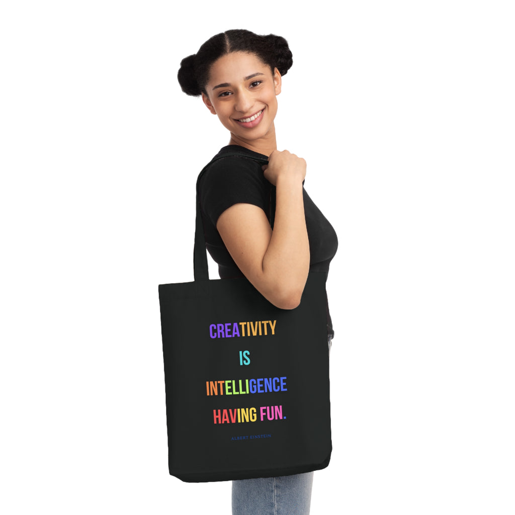 Creativity is intelligence having fun. || Colorful Inspirational Woven Tote Bag - Motivational Quote, Reusable Grocery Bag, Gift for Art Lovers, Everyday Carry, Eco-Friendly Tote