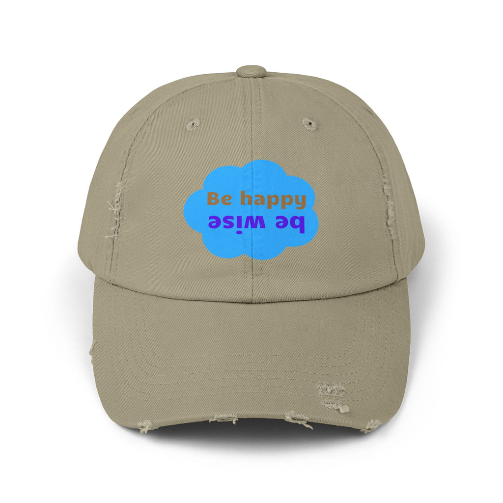 Unisex Distressed Cap - 'Be Happy, Be Wise' Motivational Hat, Casual Cotton Cap, Gift for Friends, Father's Day, Outdoor Fun