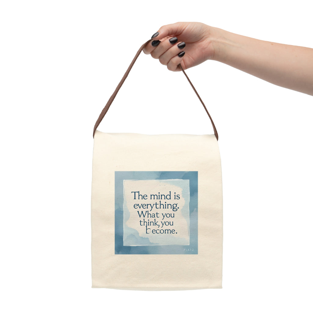 The mind is everything. What you think, you become. || Mindfulness Canvas Lunch Bag, Eco-Friendly Snack Carrier, Inspirational Tote, Positive Quote Bag, School or Work Lunch Holder