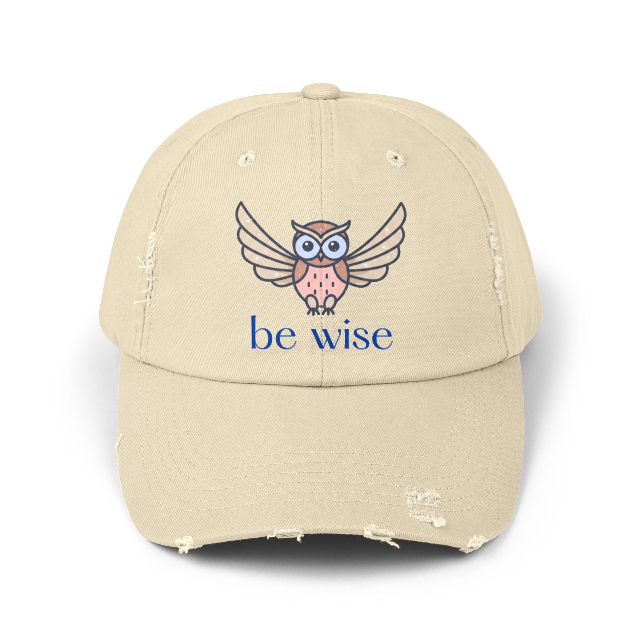 Be Wise Distressed Cap | Owl Design Hat for Thoughtful Gifts, Everyday Wear, Outdoor Adventures, Animal Lovers, Wise Quotes, Unisex Style