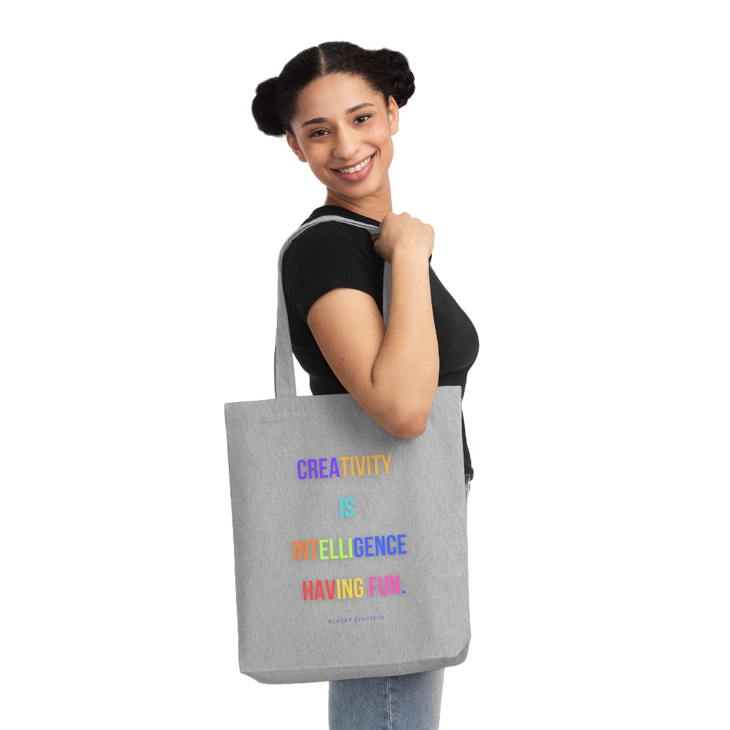 Creativity is intelligence having fun. || Colorful Inspirational Woven Tote Bag - Motivational Quote, Reusable Grocery Bag, Gift for Art Lovers, Everyday Carry, Eco-Friendly Tote