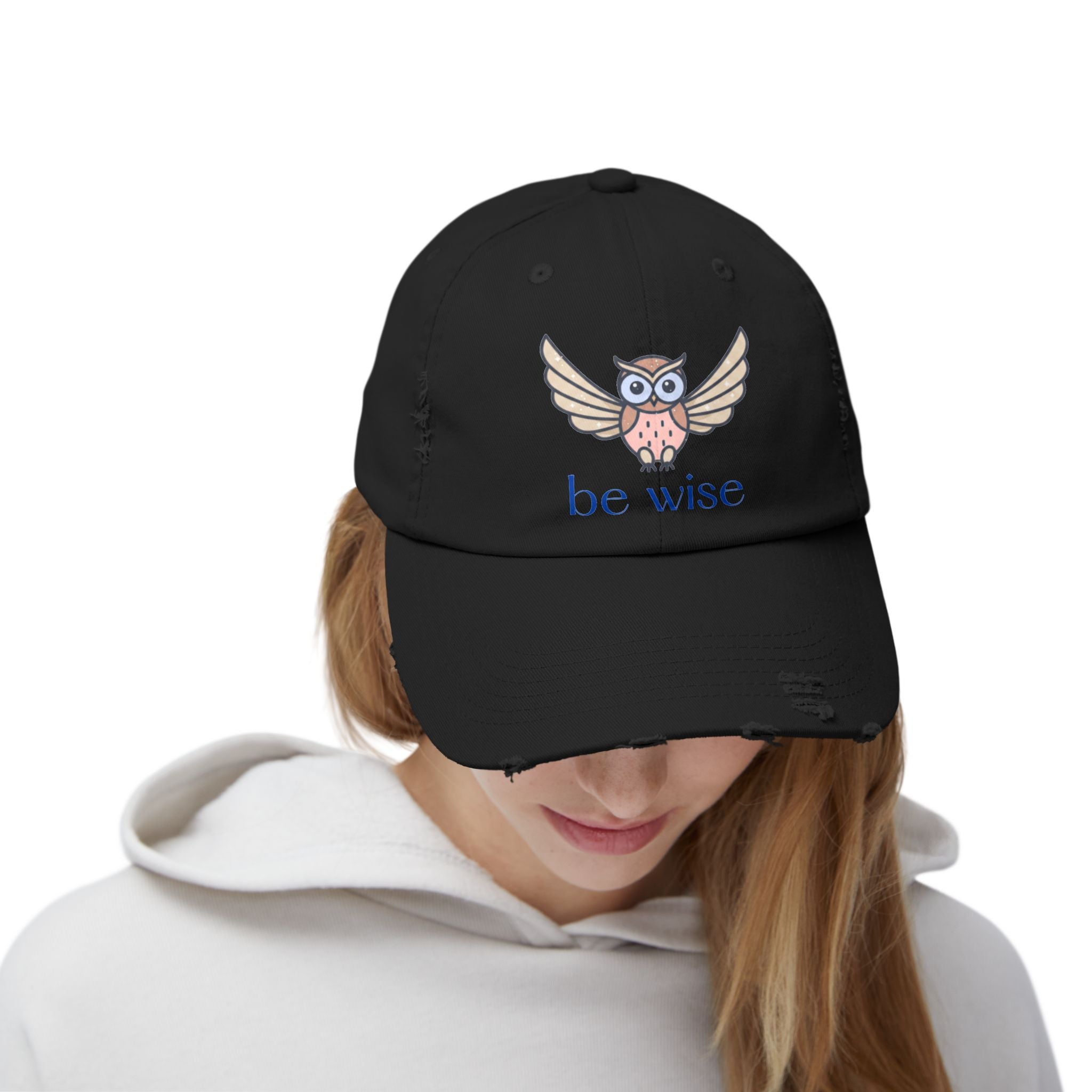 Be Wise Distressed Cap | Owl Design Hat for Thoughtful Gifts, Everyday Wear, Outdoor Adventures, Animal Lovers, Wise Quotes, Unisex Style