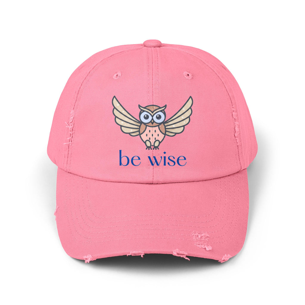 Be Wise Distressed Cap | Owl Design Hat for Thoughtful Gifts, Everyday Wear, Outdoor Adventures, Animal Lovers, Wise Quotes, Unisex Style