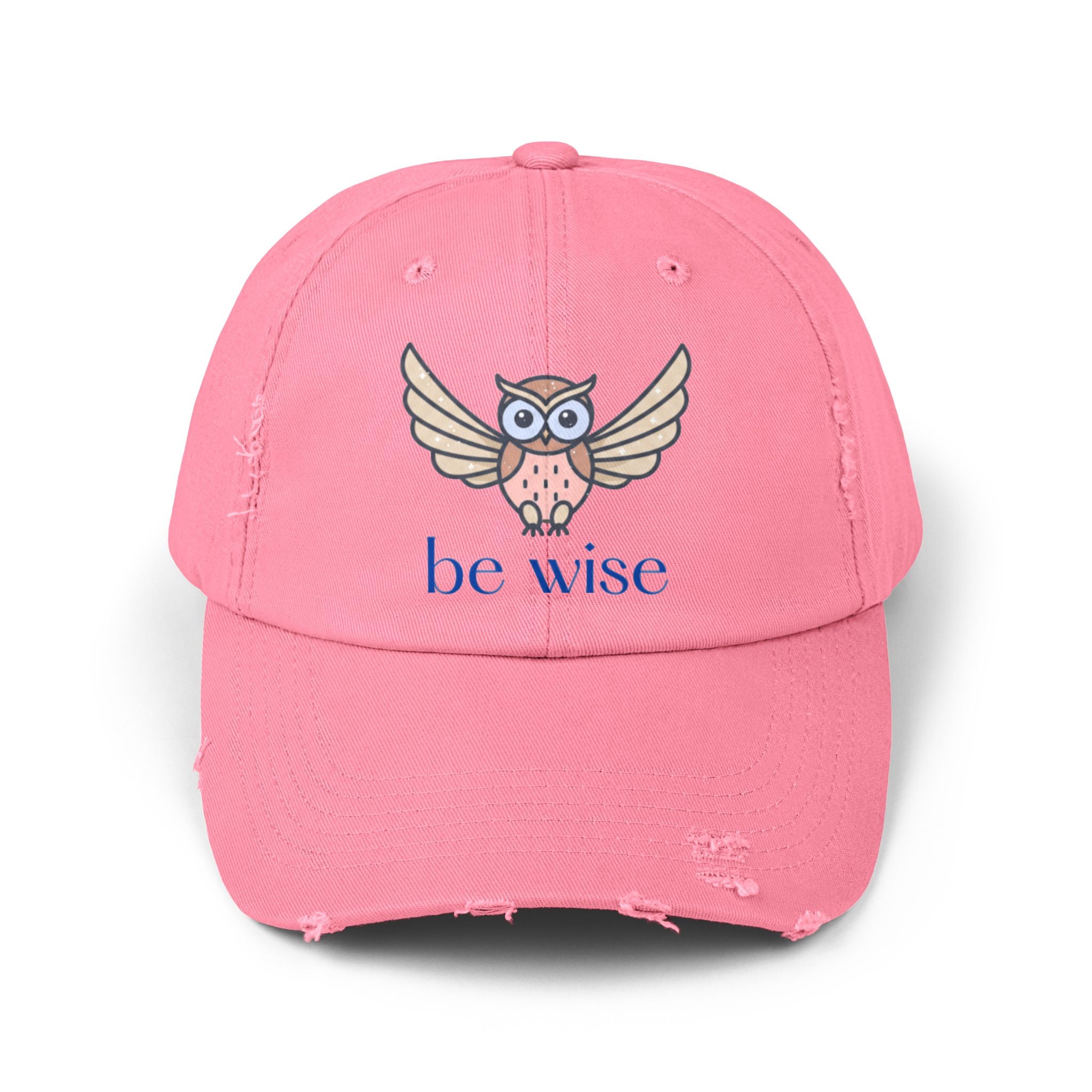 Be Wise Distressed Cap | Owl Design Hat for Thoughtful Gifts, Everyday Wear, Outdoor Adventures, Animal Lovers, Wise Quotes, Unisex Style
