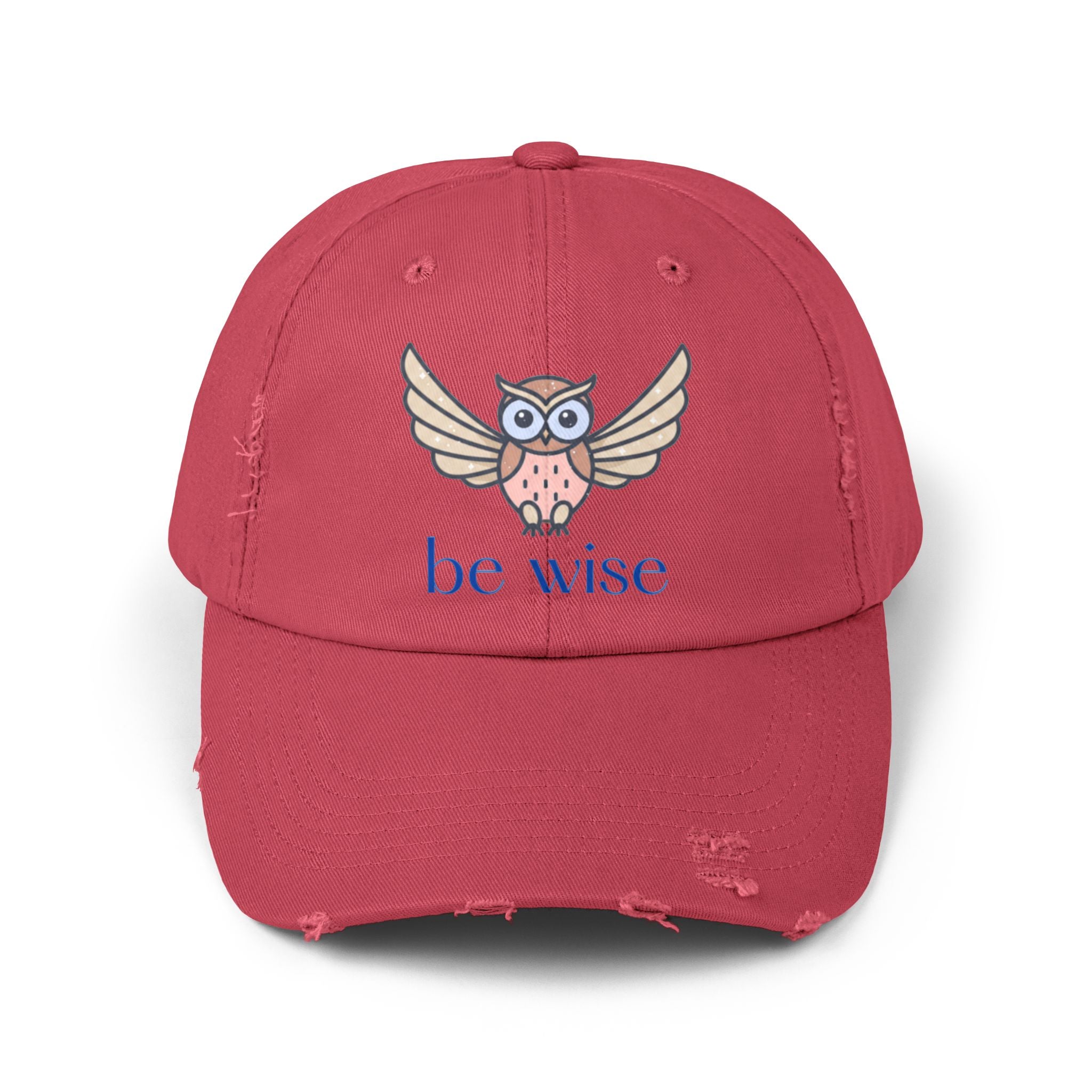 Be Wise Distressed Cap | Owl Design Hat for Thoughtful Gifts, Everyday Wear, Outdoor Adventures, Animal Lovers, Wise Quotes, Unisex Style