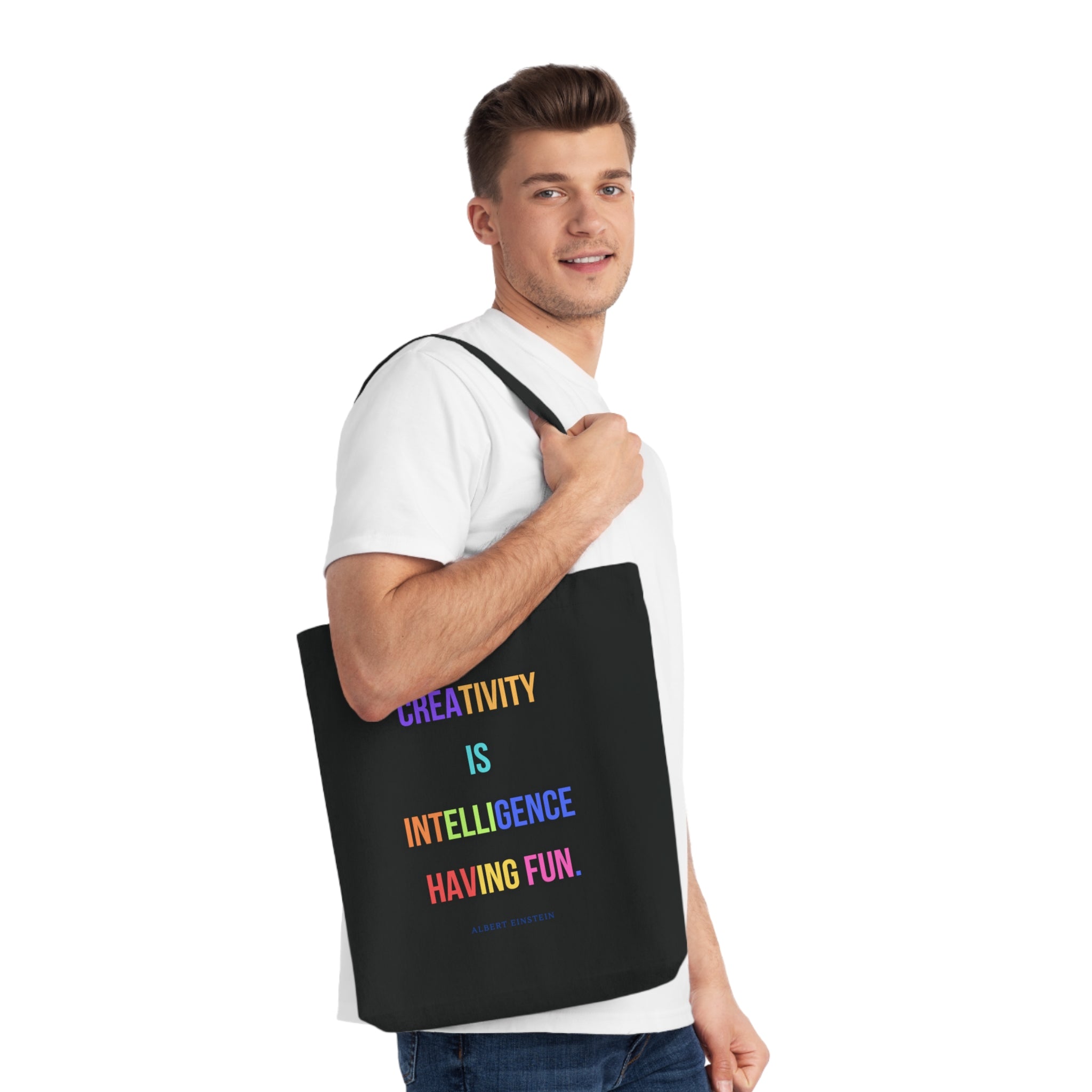 Creativity is intelligence having fun. || Colorful Inspirational Woven Tote Bag - Motivational Quote, Reusable Grocery Bag, Gift for Art Lovers, Everyday Carry, Eco-Friendly Tote