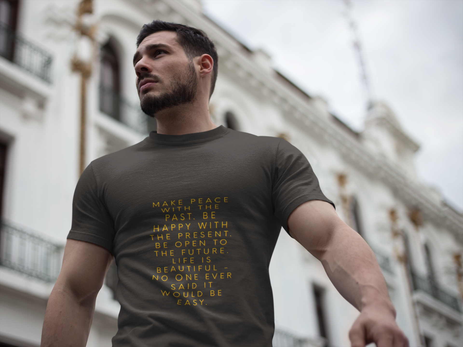 Make peace with the past. Be happy with the present. Be open to the future. Life is beautiful - no one ever said it would be easy. ||  Motivational T-Shirt, Peaceful Graphic Tee, Casual Wear, Gift for Him