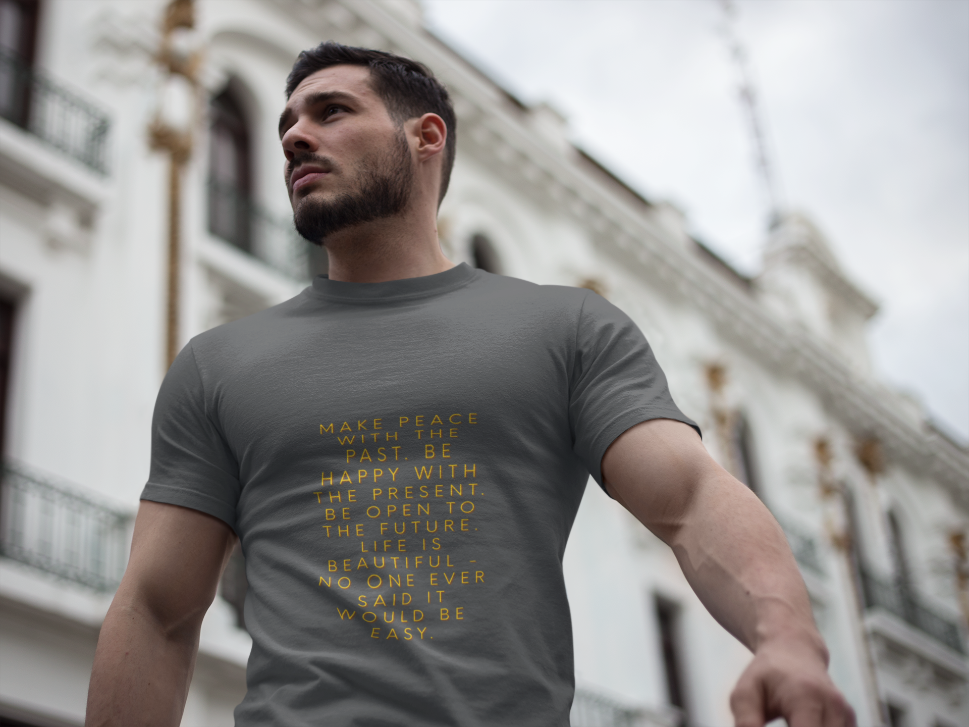 Make peace with the past. Be happy with the present. Be open to the future. Life is beautiful - no one ever said it would be easy. ||  Motivational T-Shirt, Peaceful Graphic Tee, Casual Wear, Gift for Him