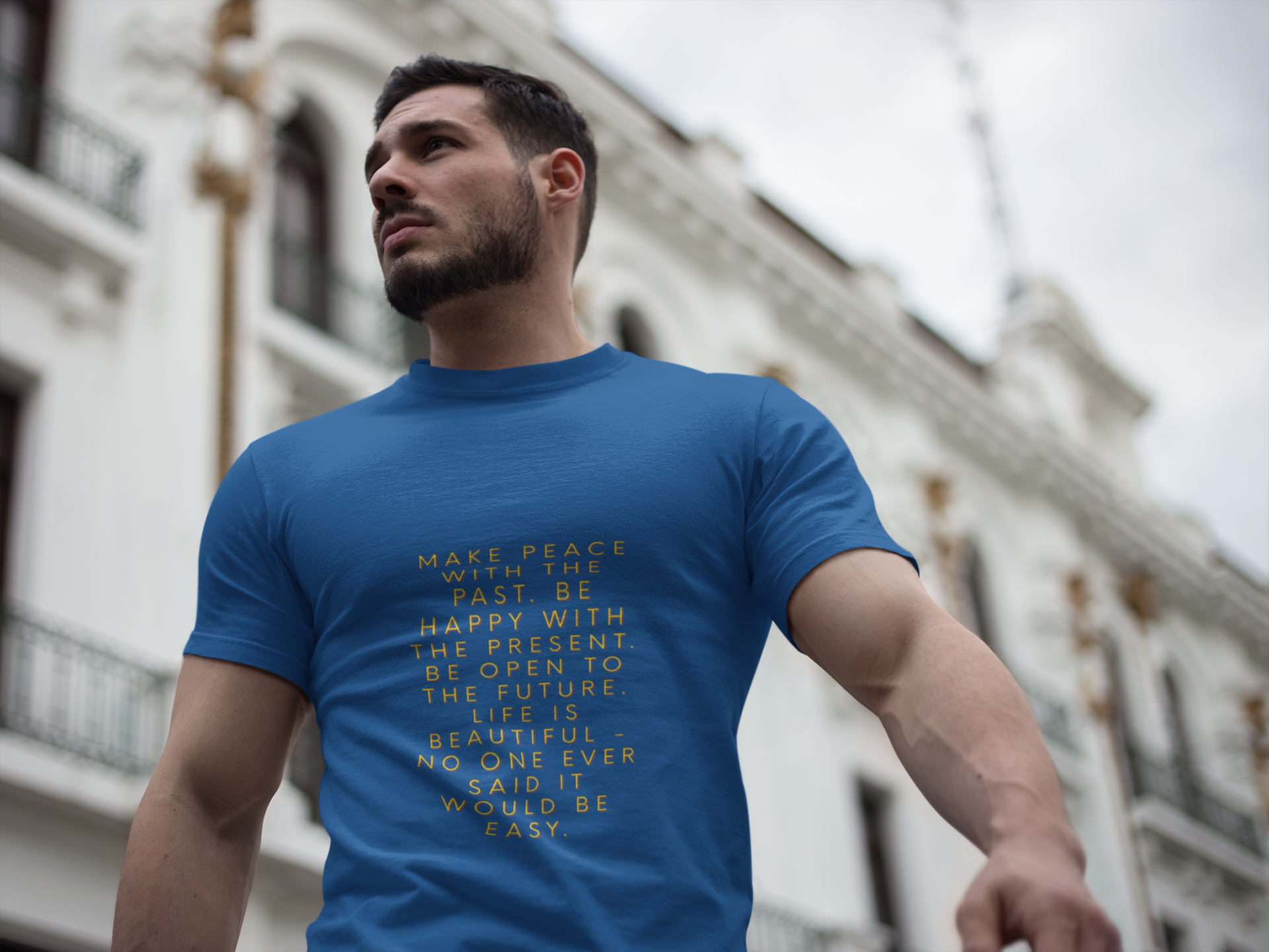 Make peace with the past. Be happy with the present. Be open to the future. Life is beautiful - no one ever said it would be easy. ||  Motivational T-Shirt, Peaceful Graphic Tee, Casual Wear, Gift for Him