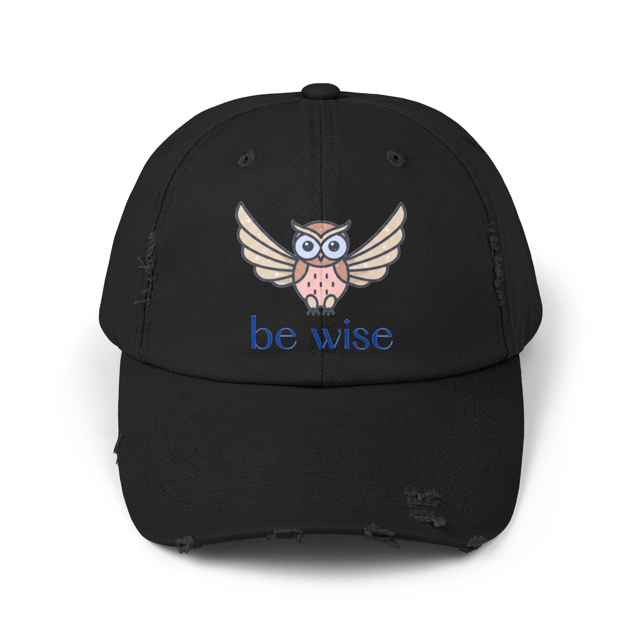 Be Wise Distressed Cap | Owl Design Hat for Thoughtful Gifts, Everyday Wear, Outdoor Adventures, Animal Lovers, Wise Quotes, Unisex Style