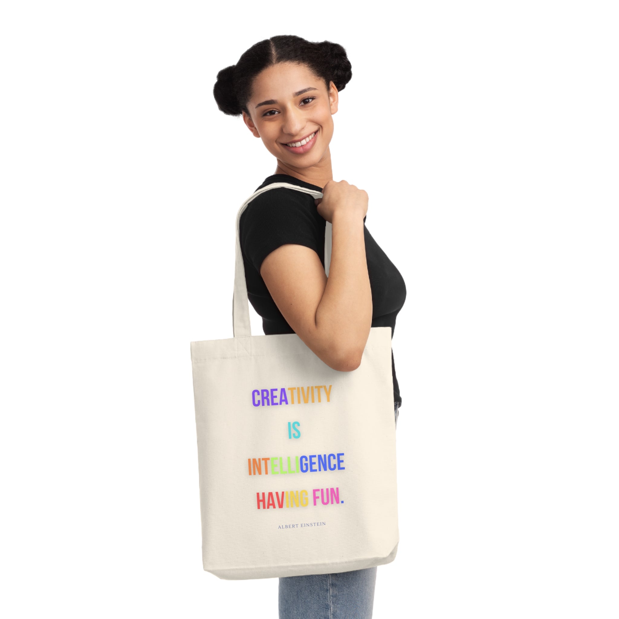 Creativity is intelligence having fun. || Colorful Inspirational Woven Tote Bag - Motivational Quote, Reusable Grocery Bag, Gift for Art Lovers, Everyday Carry, Eco-Friendly Tote