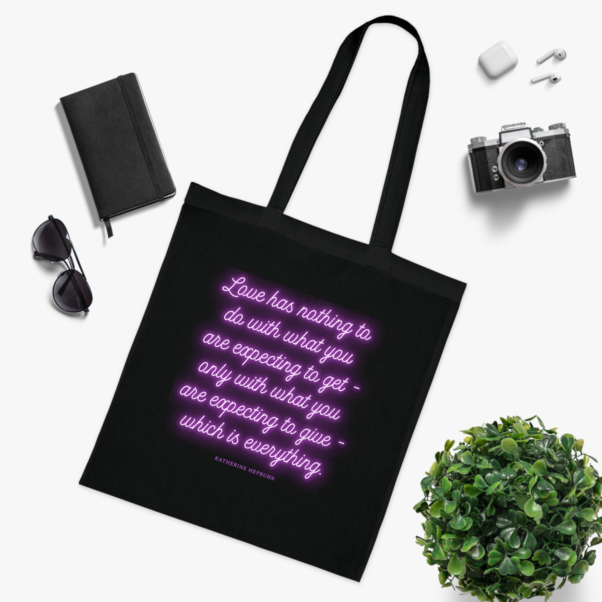 Love has nothing to do with what you are expecting to get - only with what you are expecting to give - which is everything. (Katherine Hepburn) || Inspirational Cotton Tote Bag - Perfect for Shopping, Gifts, Eco-Friendly Lifestyle, Yoga, Quotes
