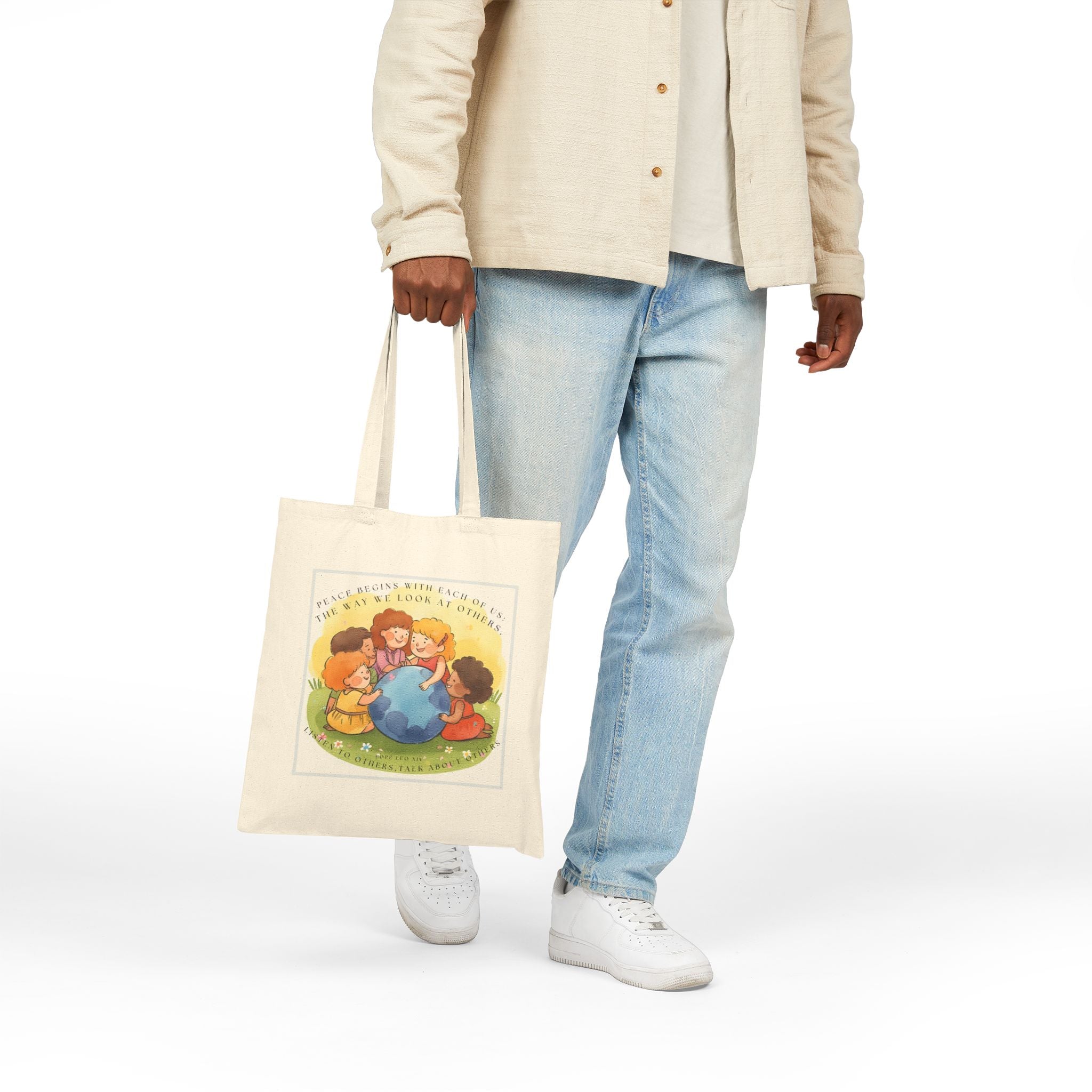 Peace begins with each of us: the way we look at others, listen to others, talk about others. || Earth Day Kids Cotton Canvas Tote Bag, Eco-Friendly Shopping Bag, Children's Gift, Reusable Tote, Green Living, Earth Love