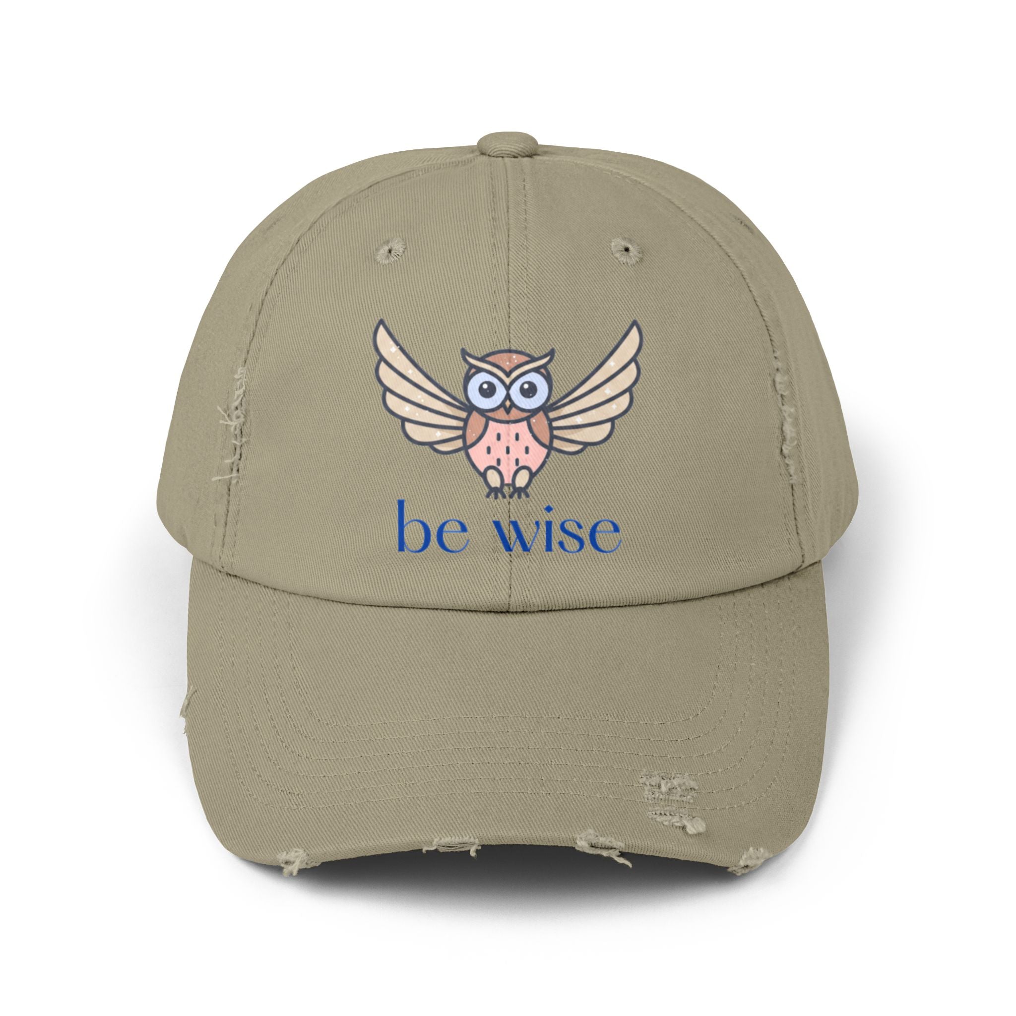 Be Wise Distressed Cap | Owl Design Hat for Thoughtful Gifts, Everyday Wear, Outdoor Adventures, Animal Lovers, Wise Quotes, Unisex Style