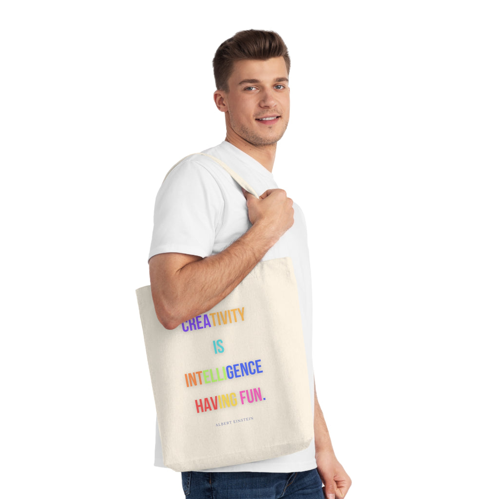 Creativity is intelligence having fun. || Colorful Inspirational Woven Tote Bag - Motivational Quote, Reusable Grocery Bag, Gift for Art Lovers, Everyday Carry, Eco-Friendly Tote