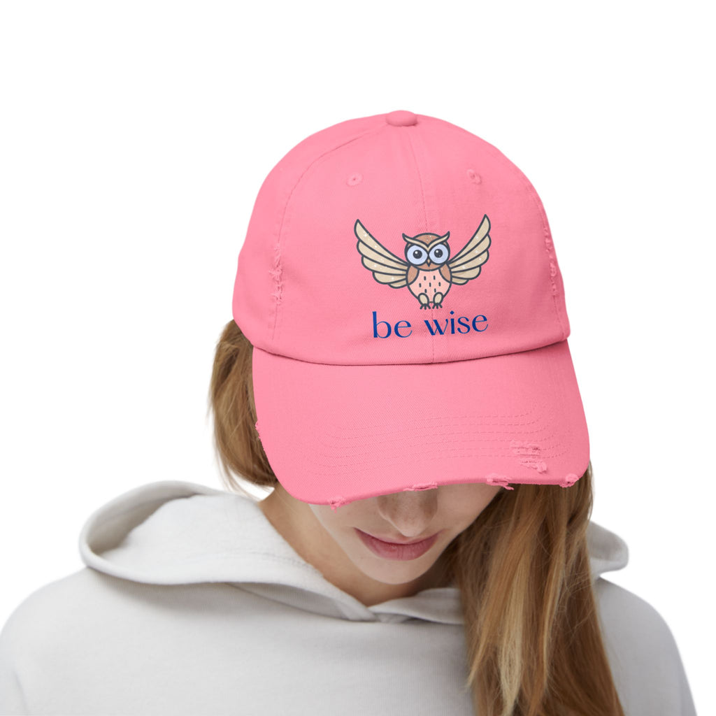 Be Wise Distressed Cap | Owl Design Hat for Thoughtful Gifts, Everyday Wear, Outdoor Adventures, Animal Lovers, Wise Quotes, Unisex Style